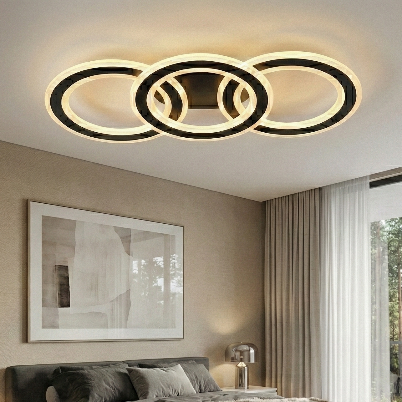 Lustra LED Triple Circle GRIDLINE Neagra Echivalent 500W Telecomanda