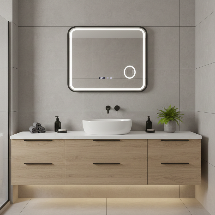 Oglinda LED Bernd Black Multi-Tech - Rama Neagra, 80x60 cm, 3 Tipuri de Lumina, Lupa Cosmetica si Dezaburire