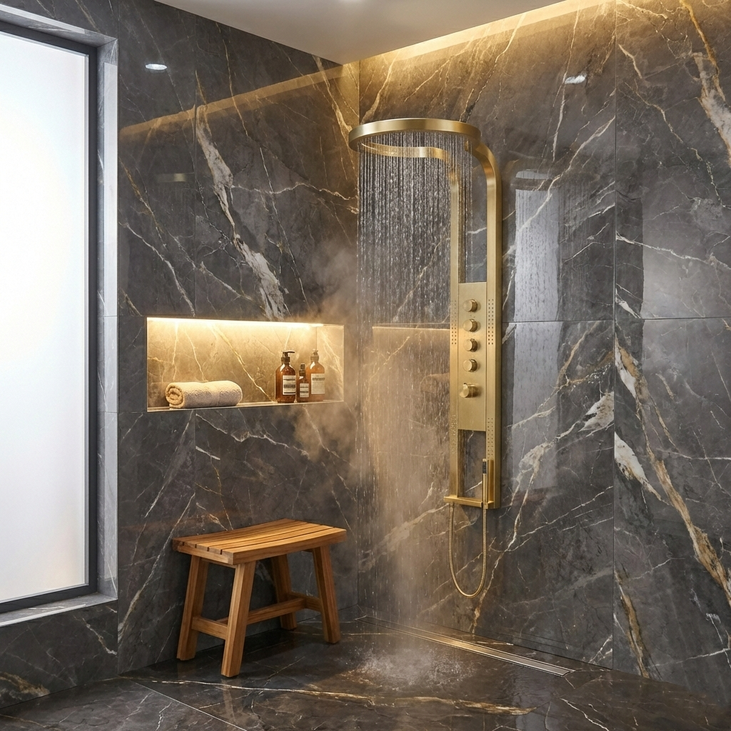 Panou de Dus Premium AquaNova Pro Gold - Design Slim, Masaj, 144CM
