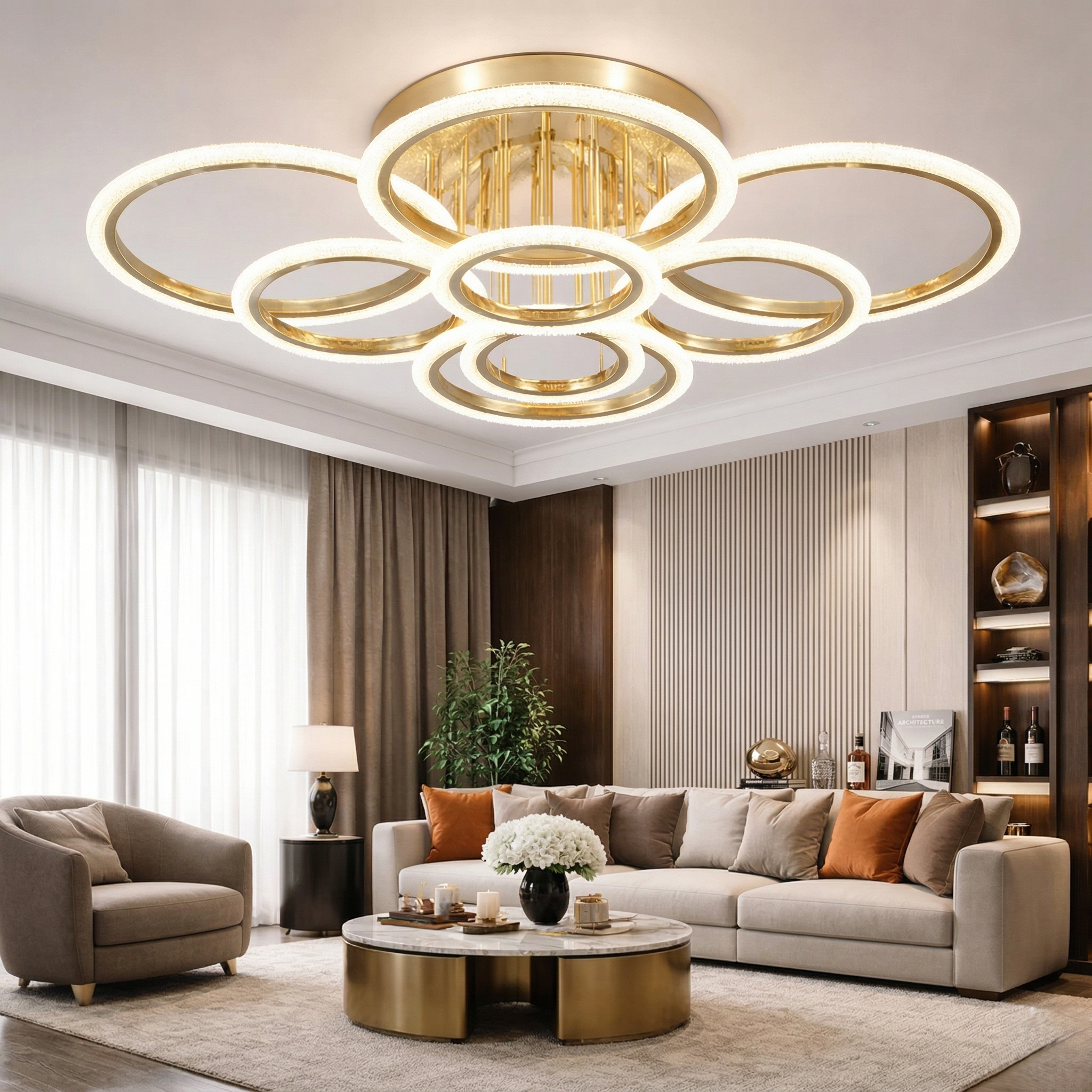 Lustra LED Brevia Circle Gold Gigant 4+4 Echivalent 1000W Telecomanda
