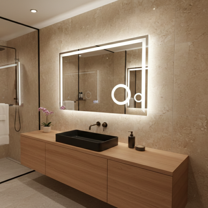 Oglinda LED CONTORNO - 80x60 cm 3 Lumini, Senzor, Lupa Cosmetica, Dezaburire si Ceas