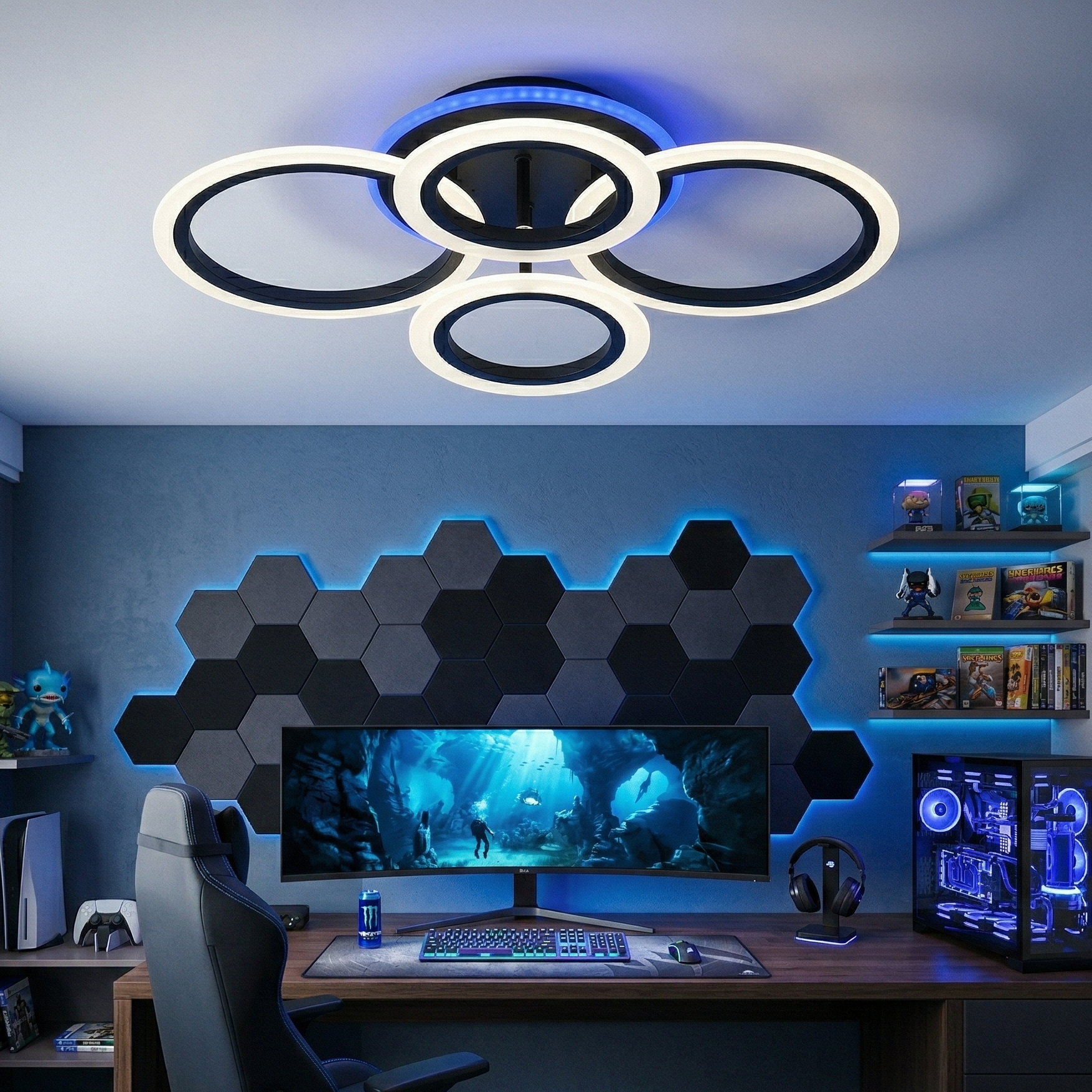 Lustra LED 4 Circle RGB BLACK Echivalent 500W Telecomanda