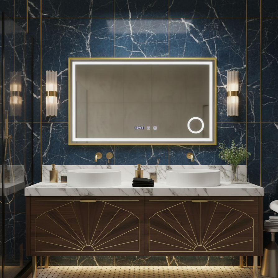 Oglinda LED Clarus Gold - 80x60 cm 3 Lumini, Rama Aurie, Lupa Cosmetica , Dezaburire si Ceas