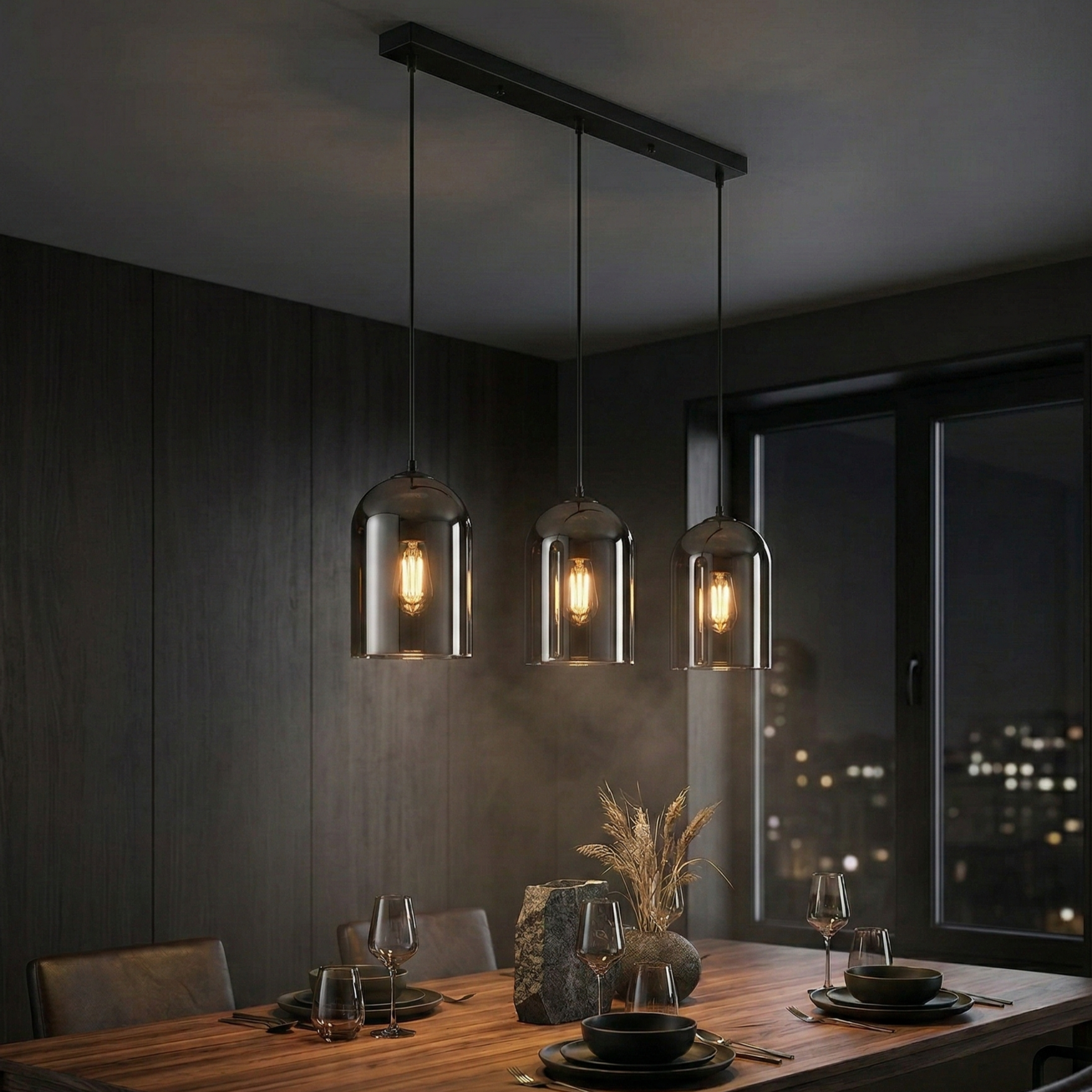 Lustra Liniara Smokey Negru Abajur Fumuriu 3xE27