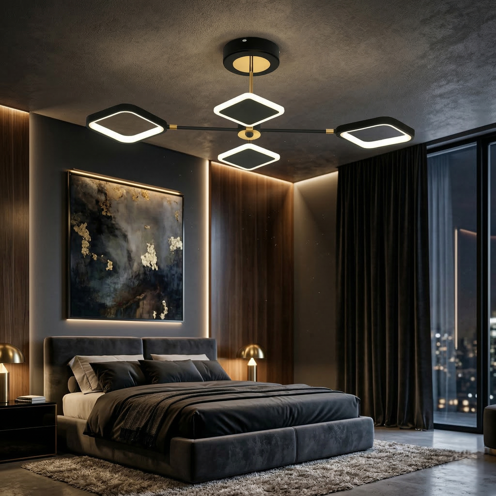 Lustra LED Black+Gold KELVORA Square Echivalent 400W Telecomanda