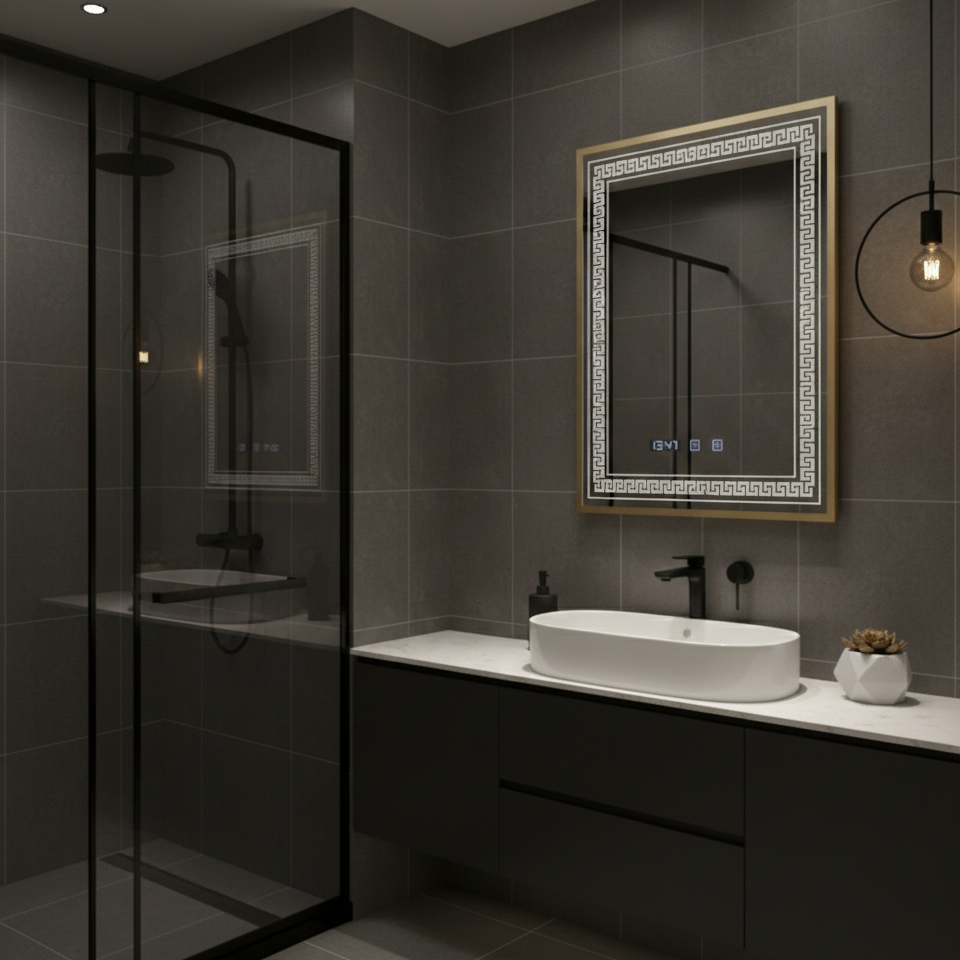 Oglinda LED Bruno Gold Luxury - Rama Aurie, 3 Lumini, Touch, Dezaburire, Ceas si Temperatura, 60x80 cm