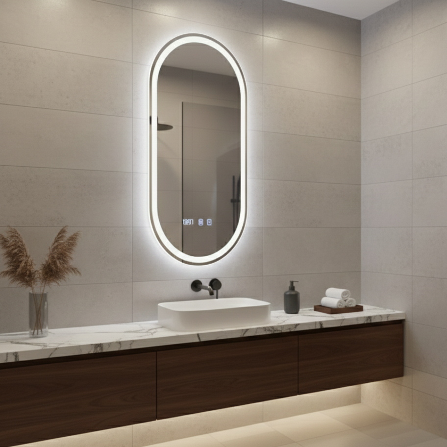 Oglinda LED Oro Oval Premium - Touch, Dezaburire si Ceas 50x80cm