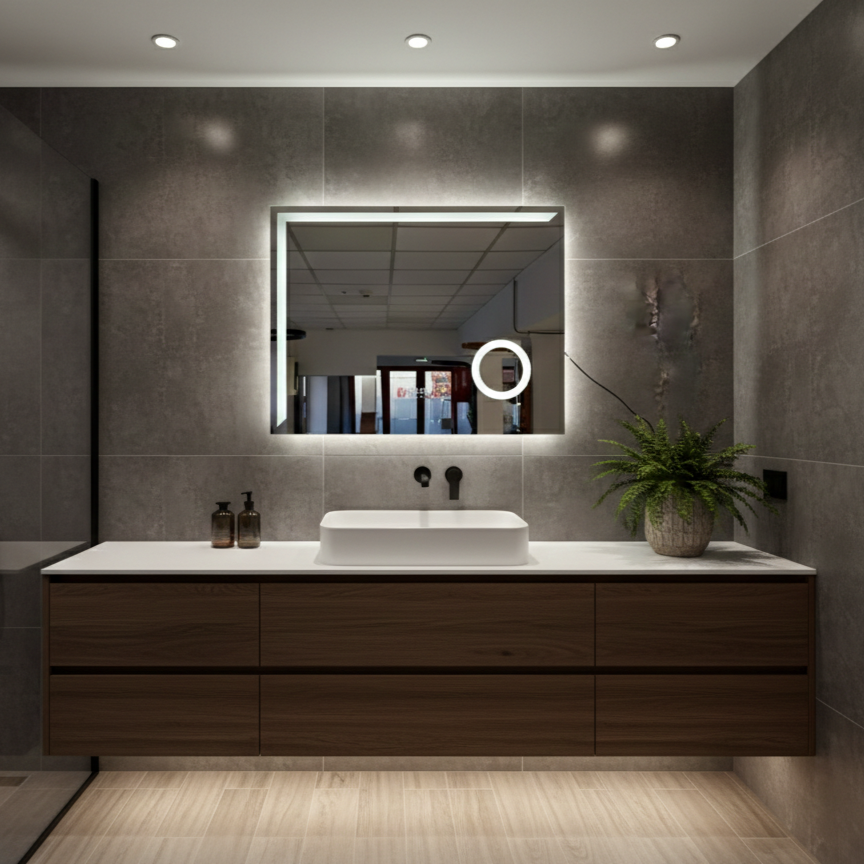 Oglinda LED CONTORNO - 80x60 cm 3 Lumini, Senzor, Lupa Cosmetica, Dezaburire si Ceas