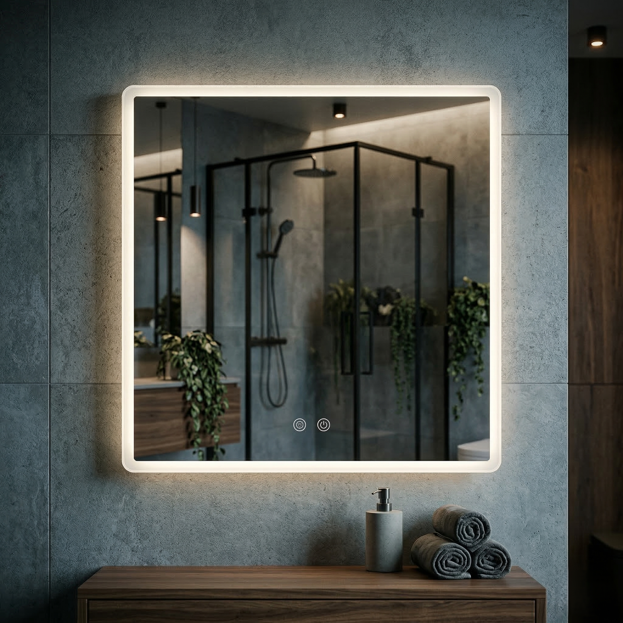 Oglinda LED Patrata FRAMELESS 70x70CM, 3 Lumini, Dezaburire, Dimabila