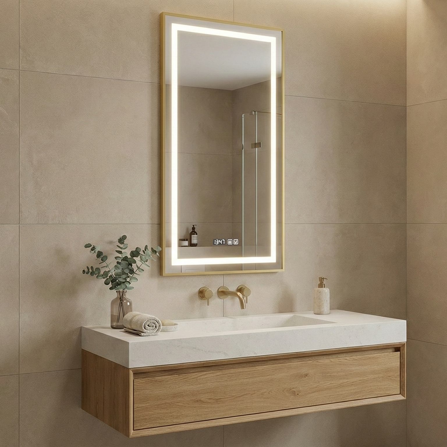 Oglinda LED MIRAGE Gold 140x45cm Touch, 3 Lumini si Senzor Proximitate