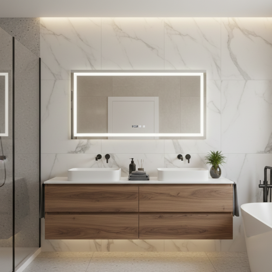 Oglinda LED Modena Smart Orizontala - 80x60 cm, Frameless, 3 Tipuri de Lumina, Dezaburire si Ceas