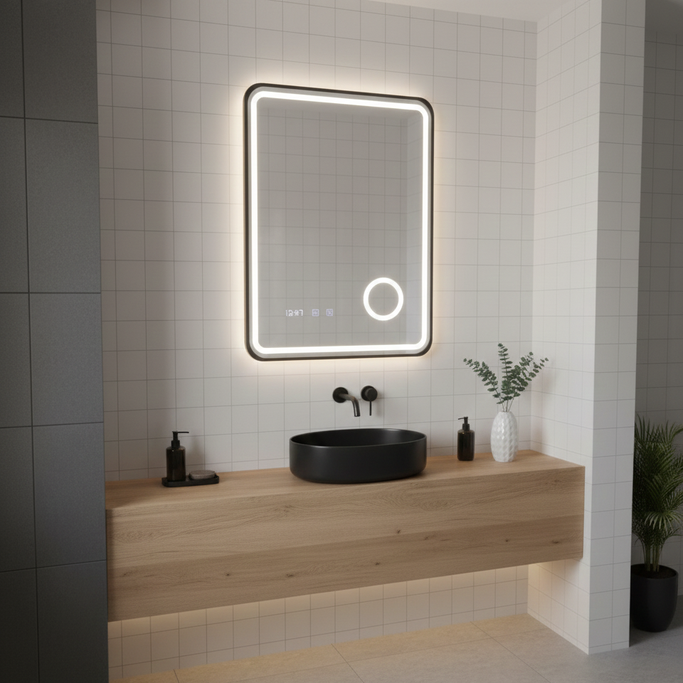 Oglinda LED Ulrich - Rama Neagra, 3 Lumini, Lupa Cosmetica, Dezaburire, Ceas si Temperatura, 60x80 cm