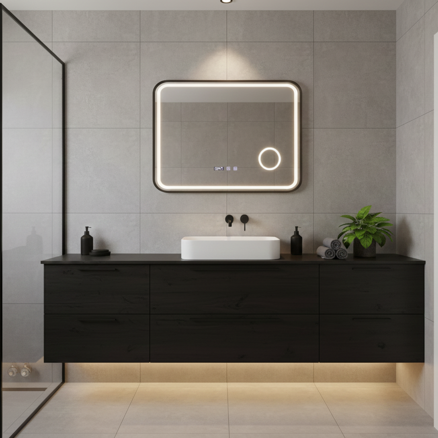 Oglinda LED Bernd Black Multi-Tech - Rama Neagra, 80x60 cm, 3 Tipuri de Lumina, Lupa Cosmetica si Dezaburire