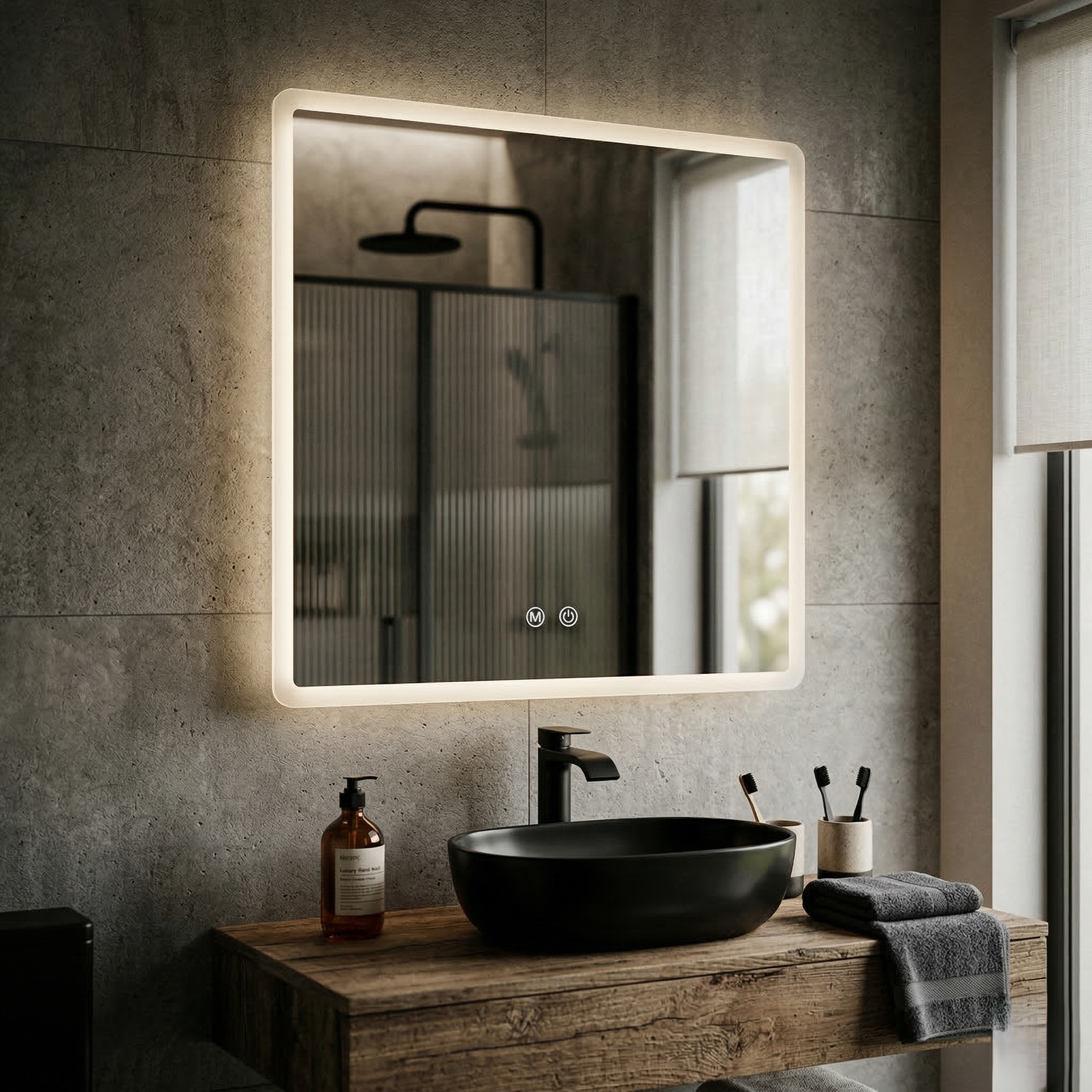 Oglinda LED Patrata FRAMELESS 70x70CM, 3 Lumini, Dezaburire, Dimabila