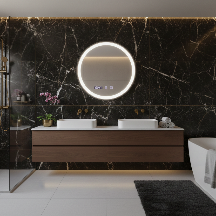 Oglinda LED Novara Black Giant – Rama Neagra, 90 cm, 3 Functii de Lumina, Dezaburire, Ceas si Temperatura