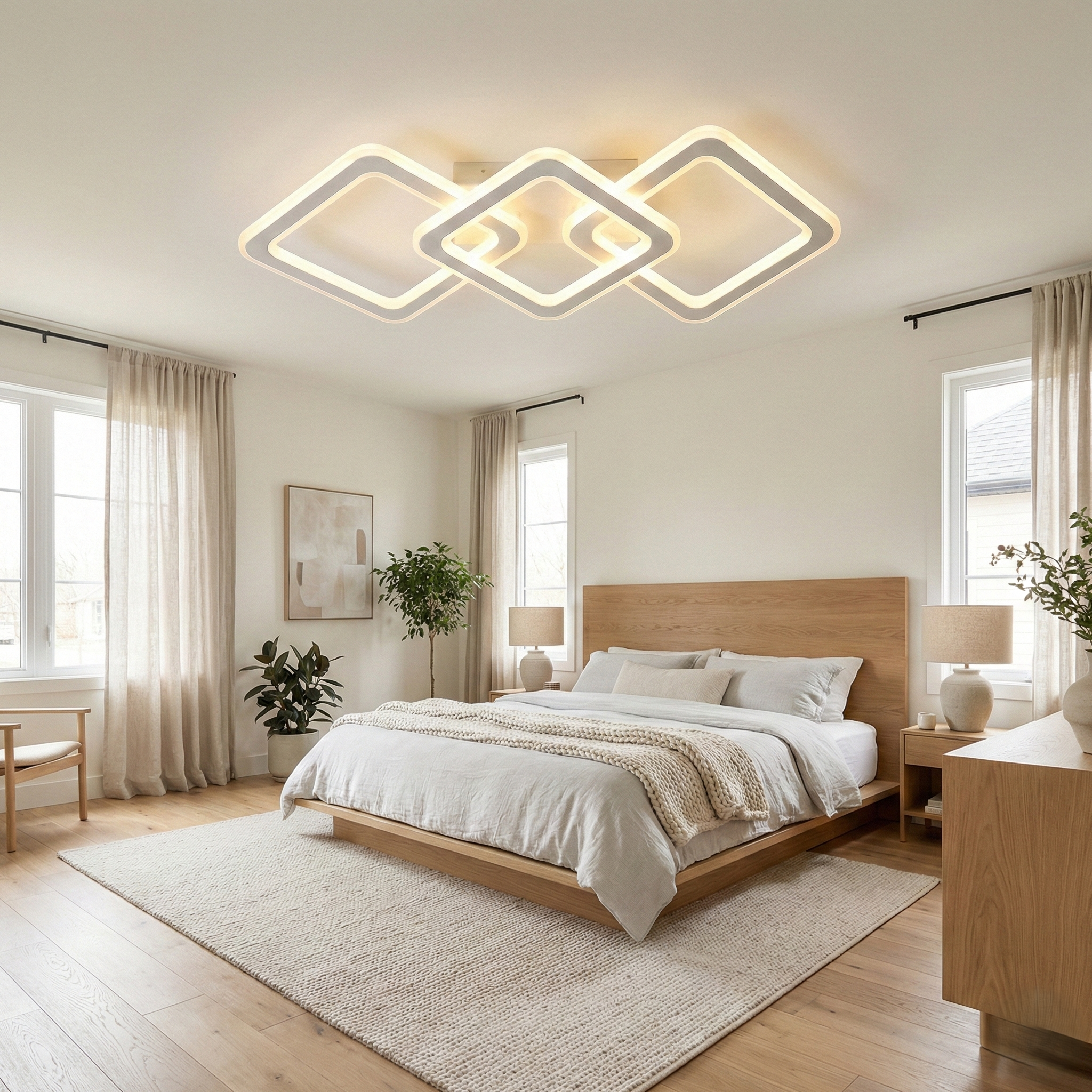 Lustra LED Triple Square GRIDLINE Alba Echivalent 600W Telecomanda