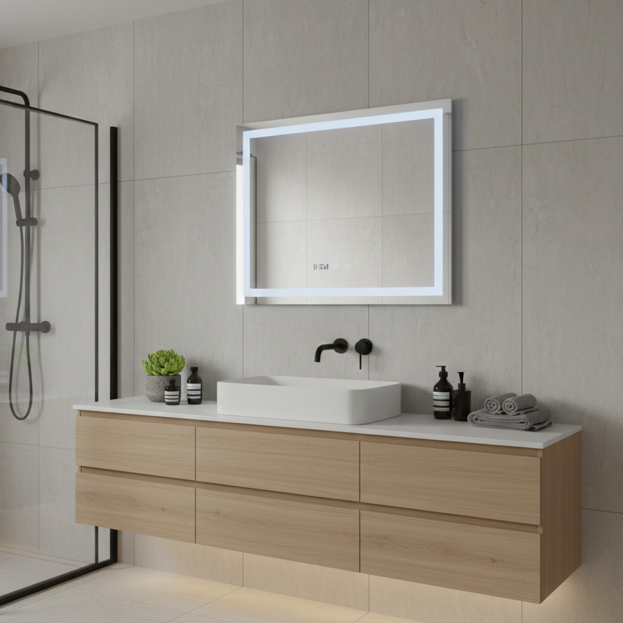 Oglinda LED Modena Smart Orizontala - 80x60 cm, Frameless, 3 Tipuri de Lumina, Dezaburire si Ceas