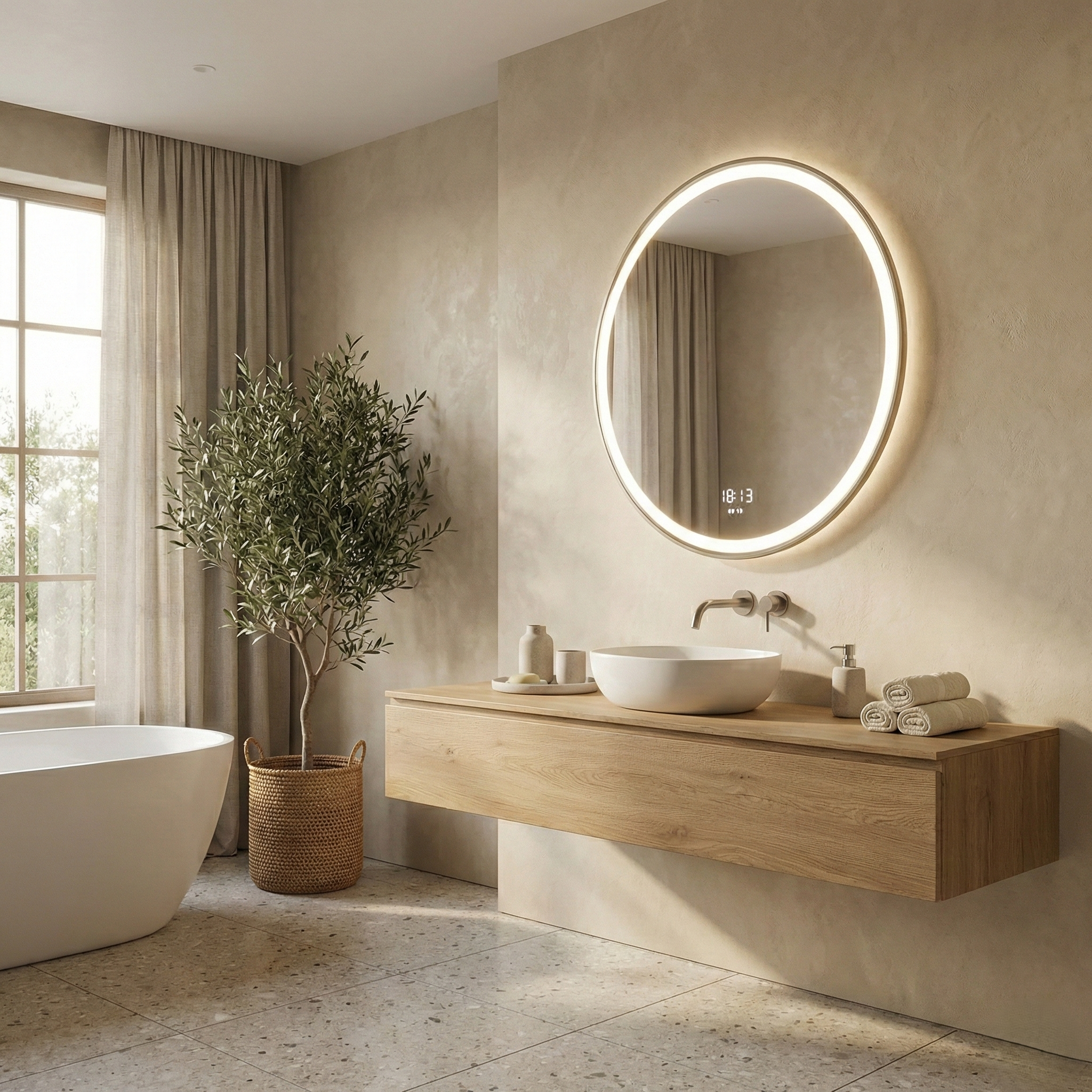 Oglinda LED BASILORA 80CM Functie Dezaburire, Ceas, Senzor, 3 Lumini