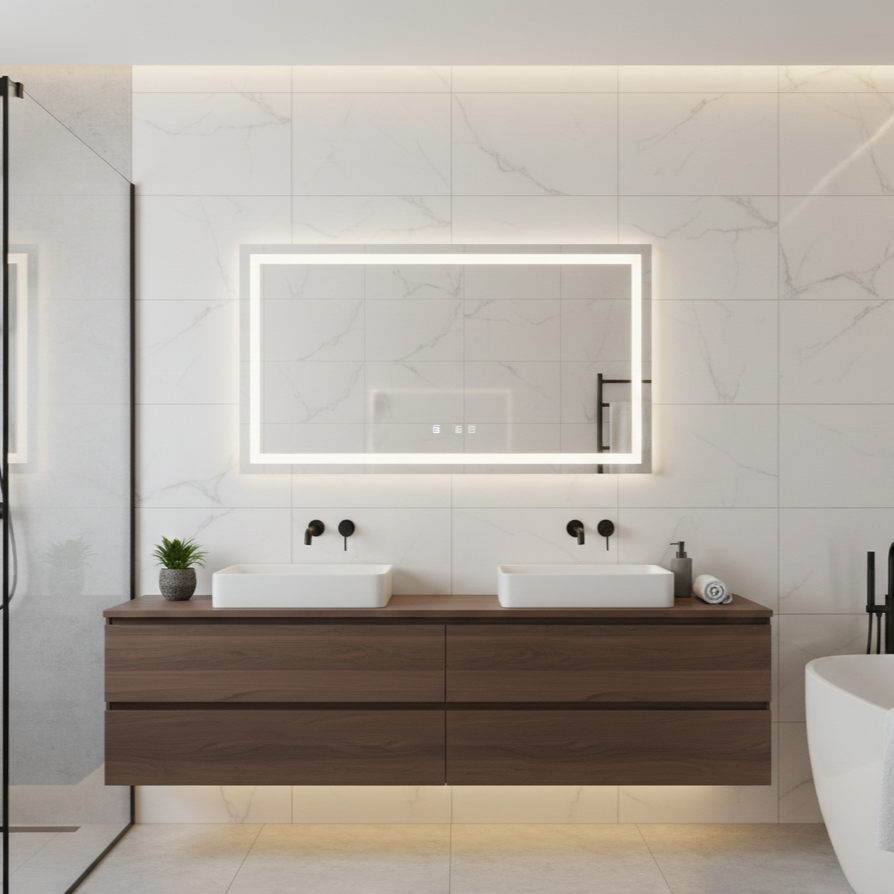 Oglinda LED Modena Smart Orizontala - 80x60 cm, Frameless, 3 Tipuri de Lumina, Dezaburire si Ceas