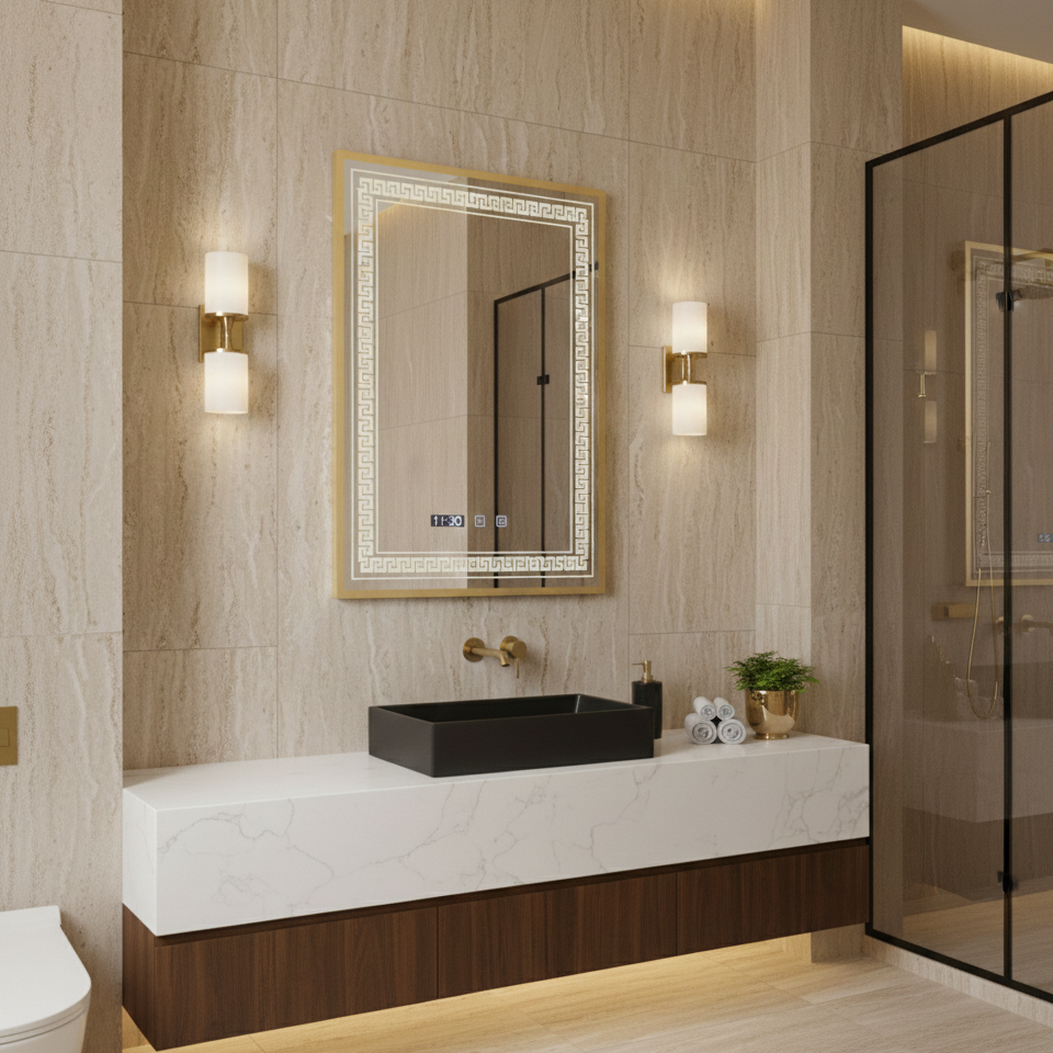 Oglinda LED Bruno Gold Luxury - Rama Aurie, 3 Lumini, Touch, Dezaburire, Ceas si Temperatura, 60x80 cm