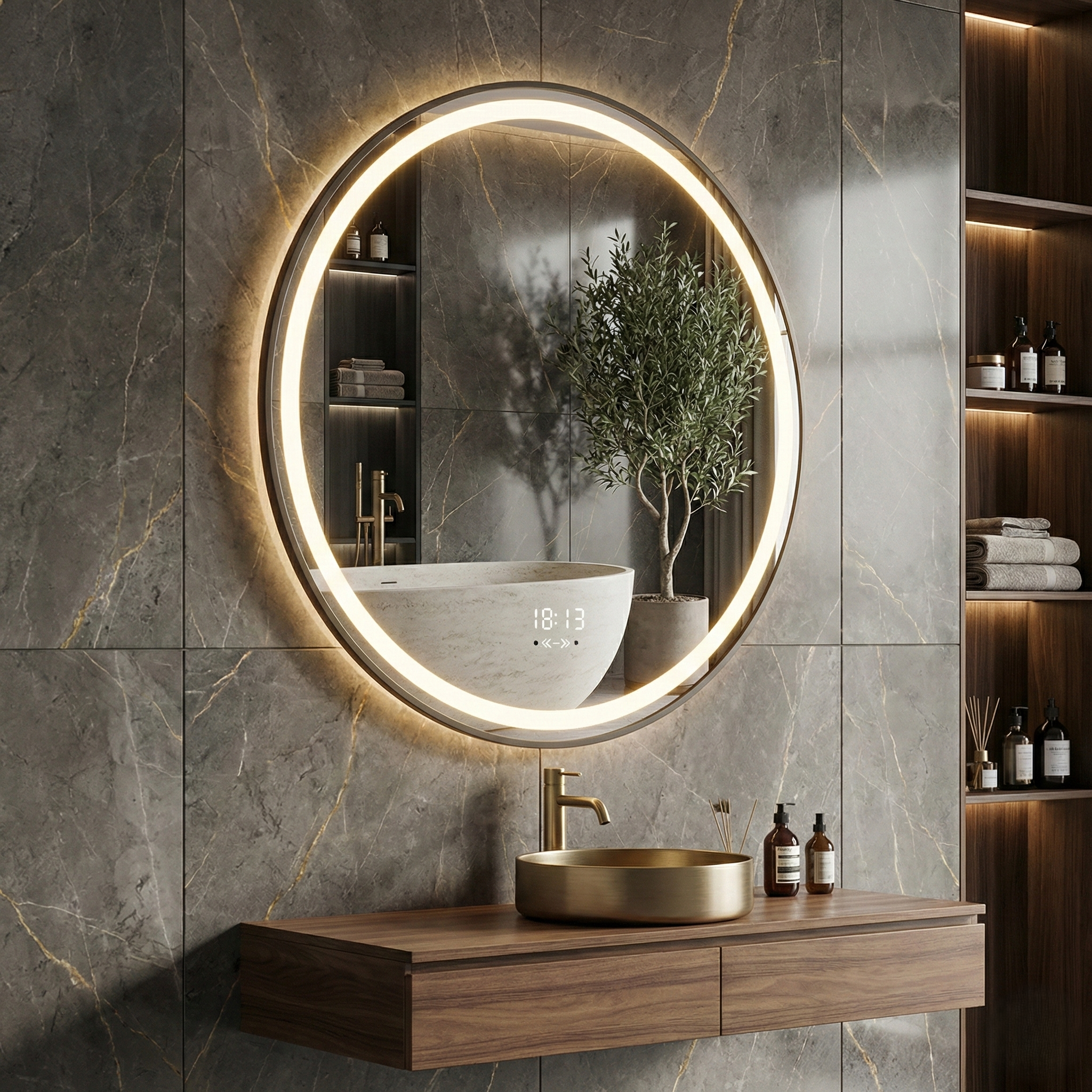 Oglinda LED Rotunda LIGURENA Ø70cm Functie Dezaburire, Senzor si 3 Lumini