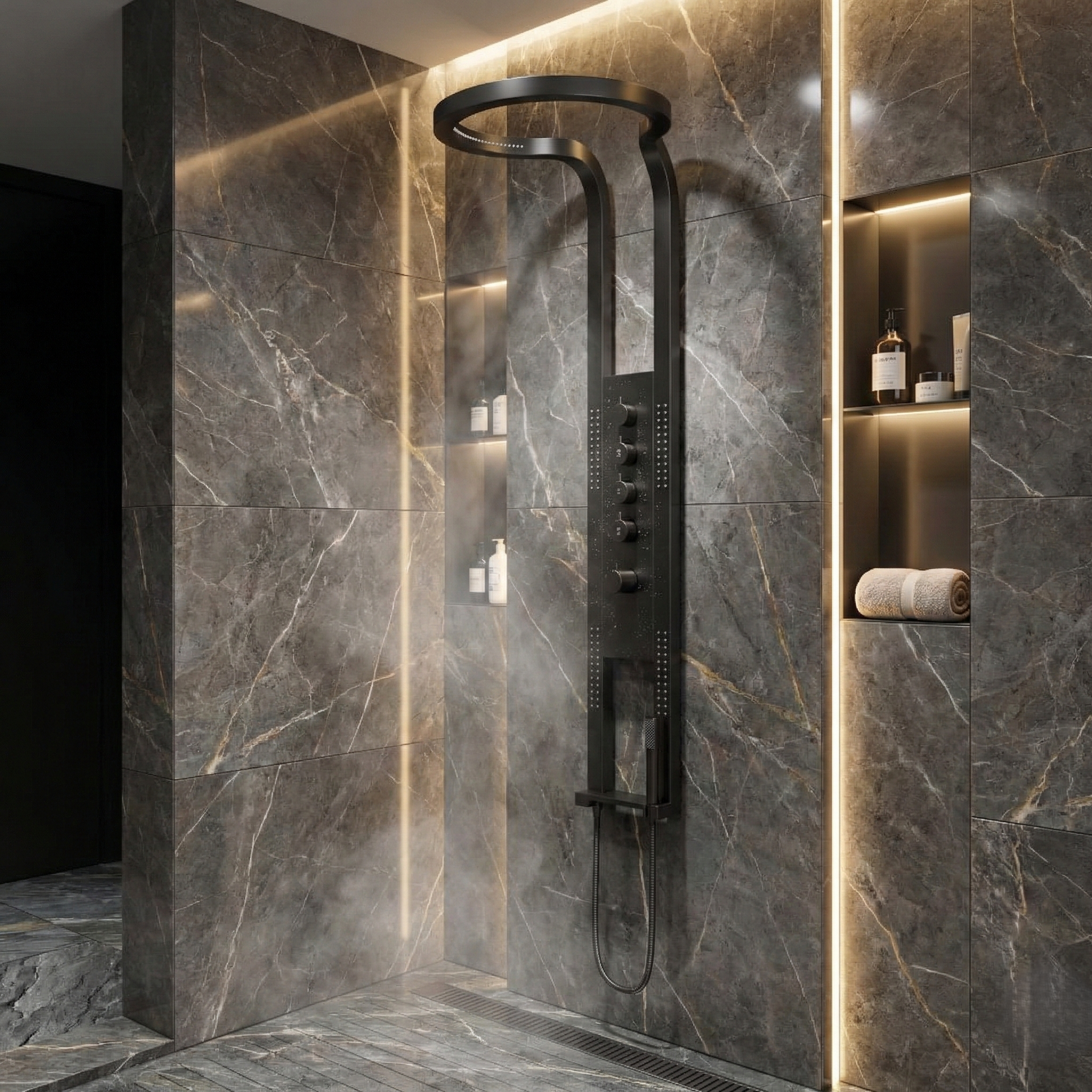 Panou de Dus Premium AquaNova Pro Black - Design Slim, Masaj, 144CM