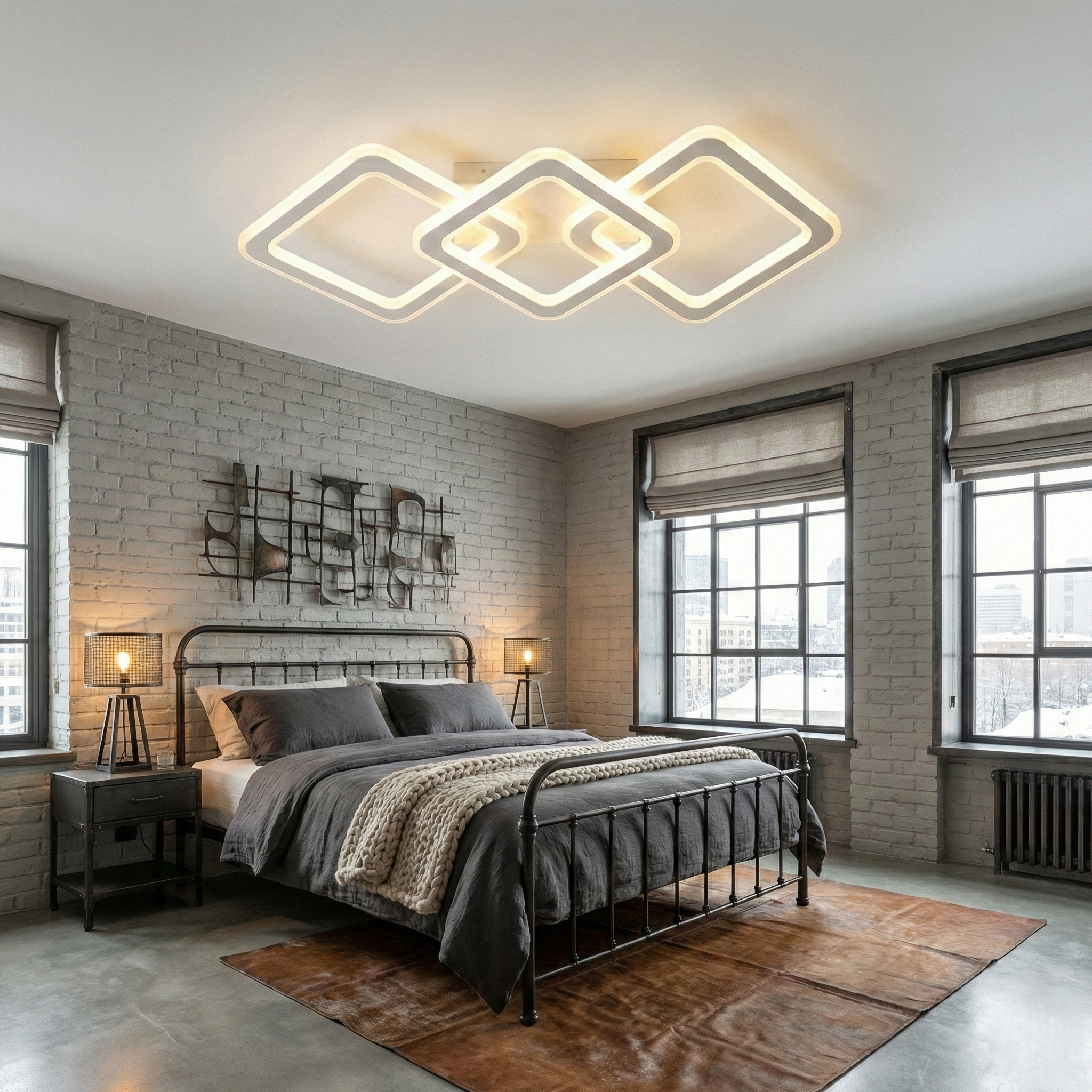Lustra LED Triple Square GRIDLINE Alba Echivalent 600W Telecomanda