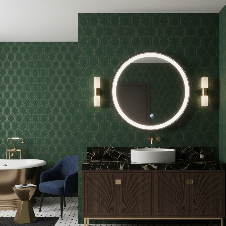 Oglinda LED Novara Round Black - Diametru 70 cm, Rama Neagra, 3 Tipuri de Lumina, Dezaburire si Ceas