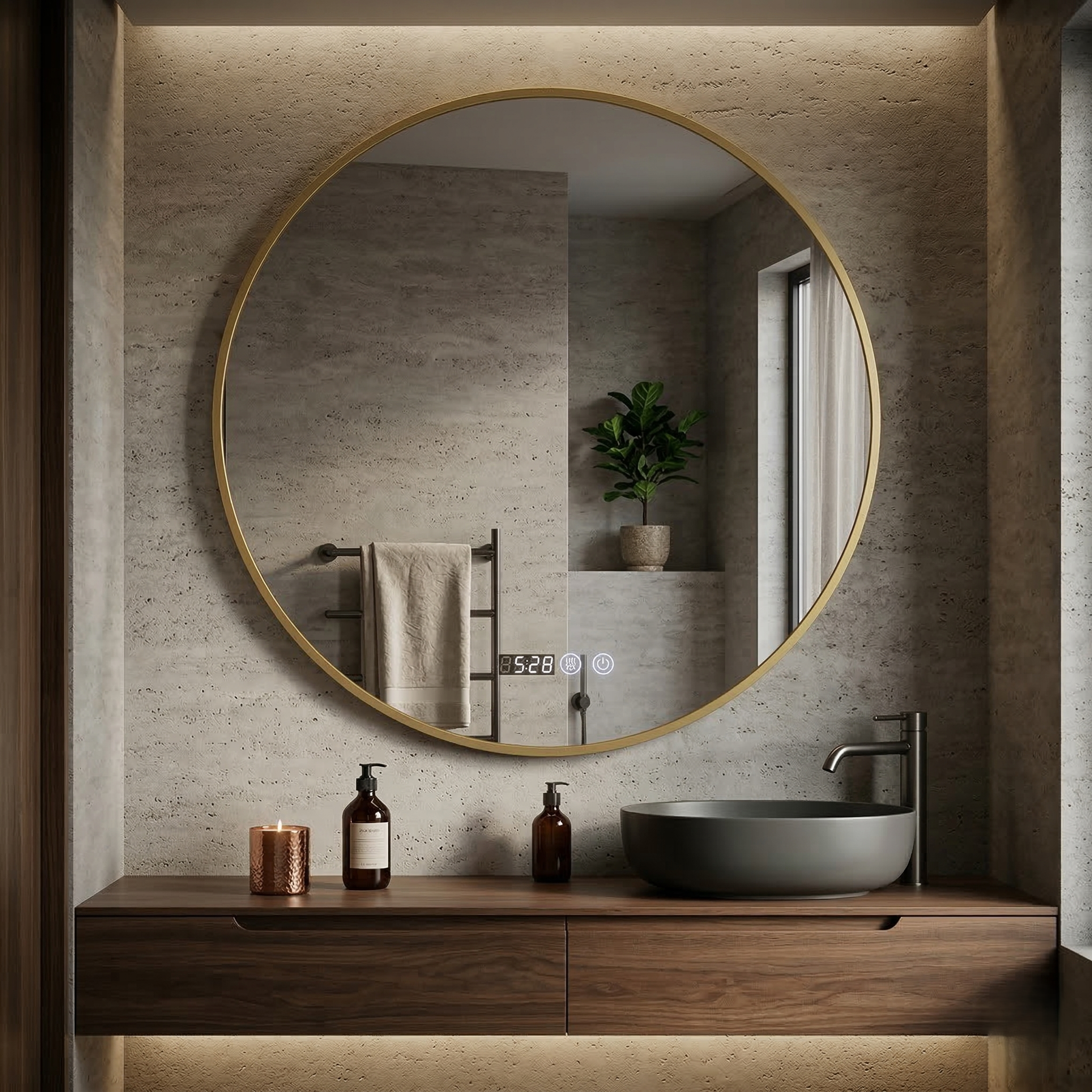 Oglinda LED Rotunda 80cm Rama Aurie, Ceas, Temperatura, Touch si 3 Lumini