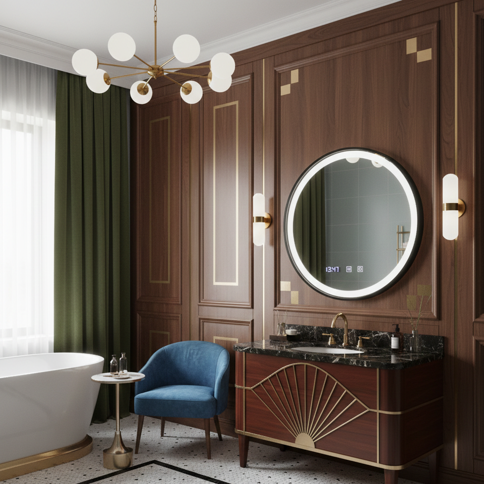 Oglinda LED Novara Round Black - Diametru 70 cm, Rama Neagra, 3 Tipuri de Lumina, Dezaburire si Ceas