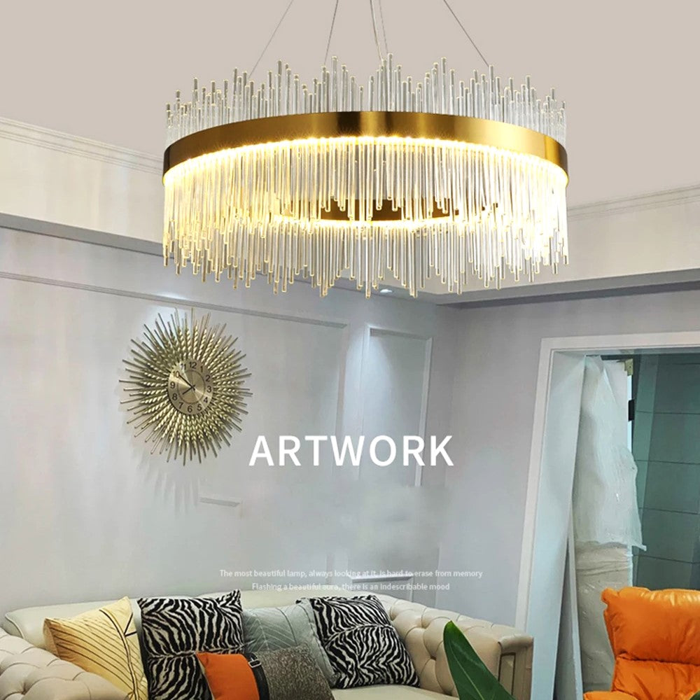 Lustra Led Suspendata Crown Gold Cristal 60Cm Echivalent 500W Telecomanda Chandeliers Crystal