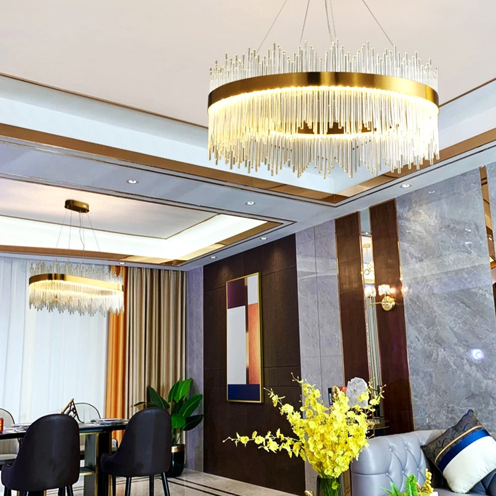 Lustra LED Suspendata CROWN Gold Cristal 80cm Echivalent 600W