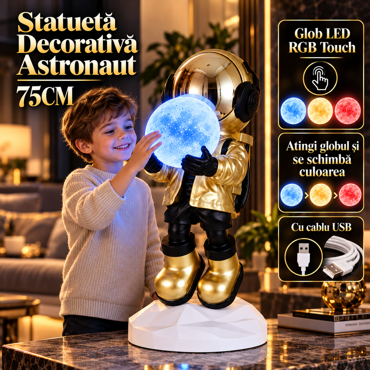 Statueta Decorativa Astronaut 75CM cu RGB Touch Gold