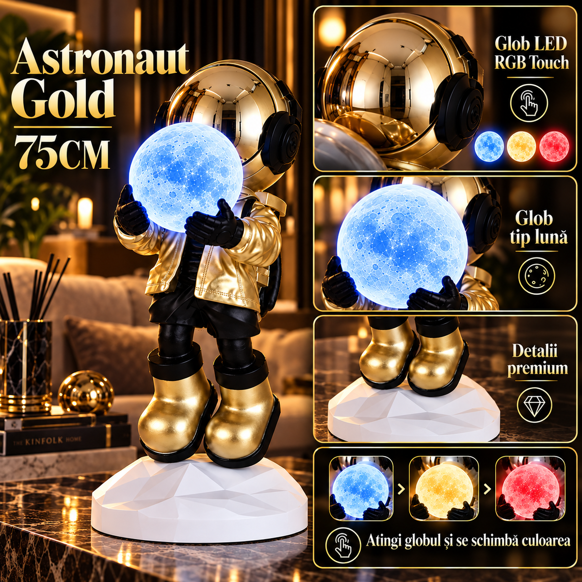Statueta Decorativa Astronaut 75CM cu RGB Touch Gold