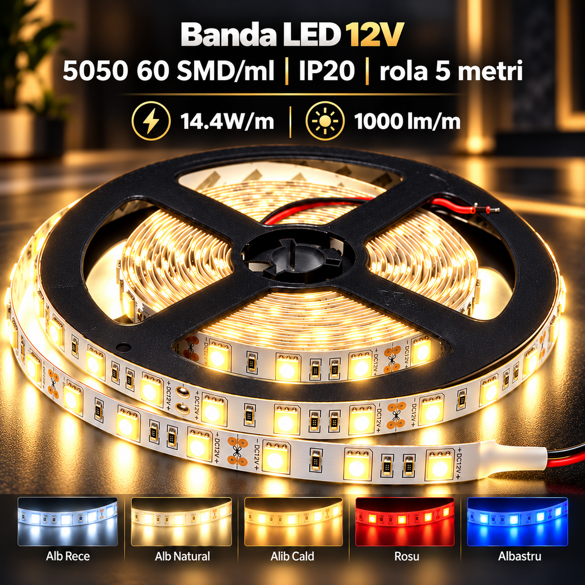 Banda LED 12V - 5050 60 SMD/ml IP20 - rola 5 metri