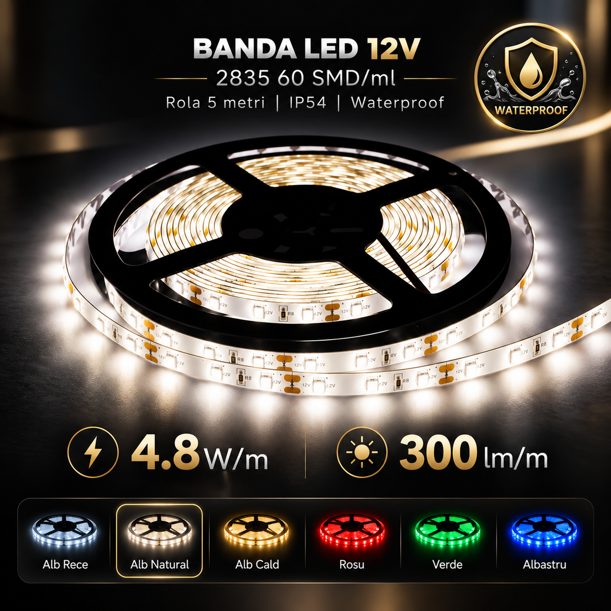 Banda LED 12V - 2835 60 SMD/ml Waterproof - rola 5 metri