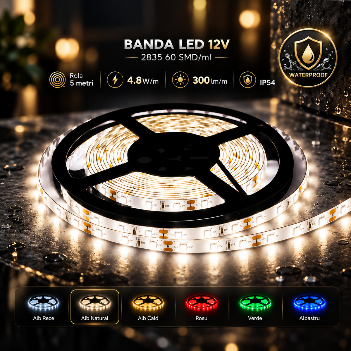 Banda LED 12V - 2835 60 SMD/ml Waterproof - rola 5 metri