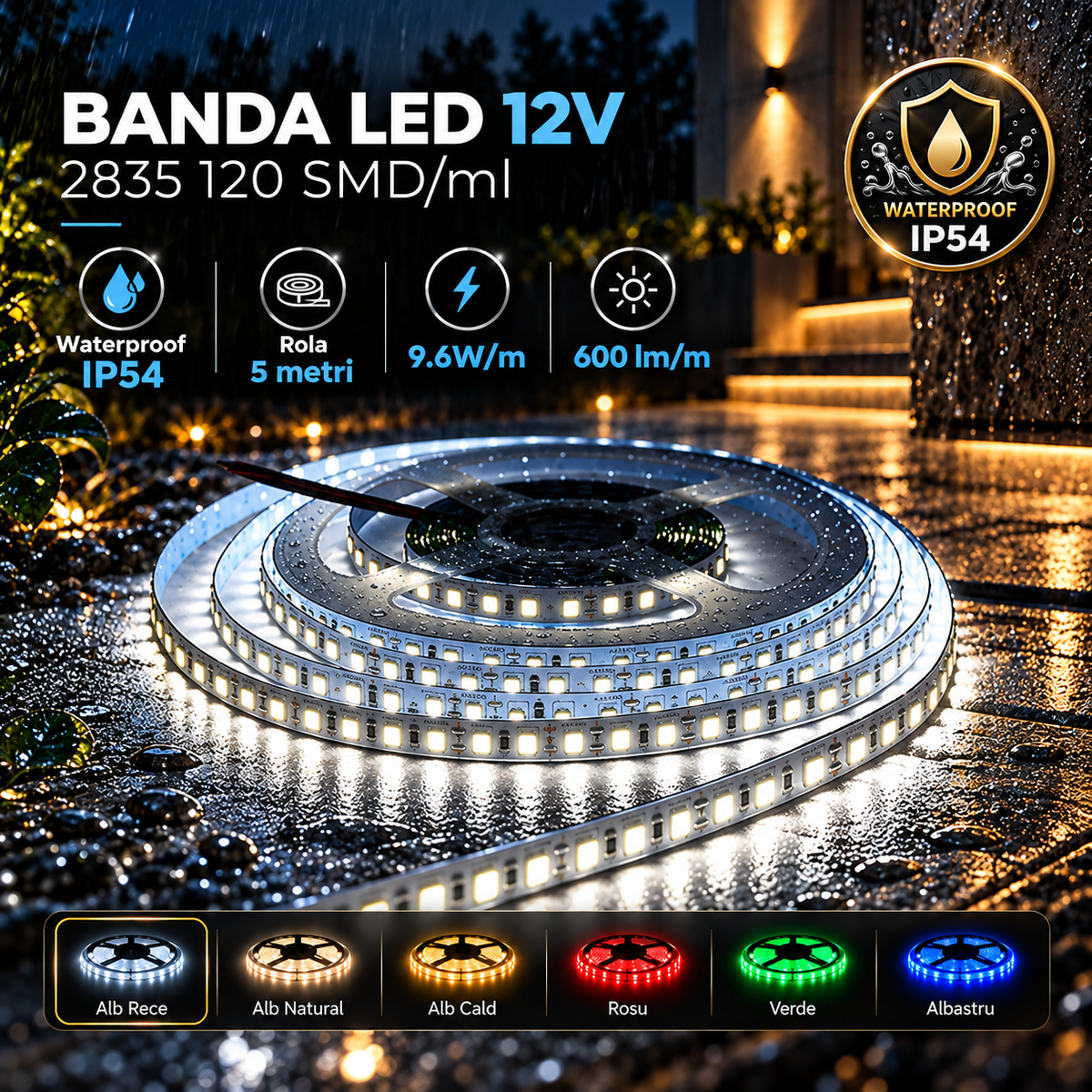 Banda LED 12V - 2835 120 SMD/ml Waterproof - rola 5 metri