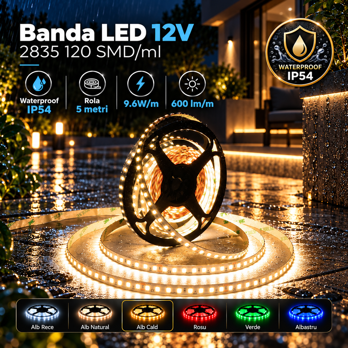 Banda LED 12V - 2835 120 SMD/ml Waterproof - rola 5 metri