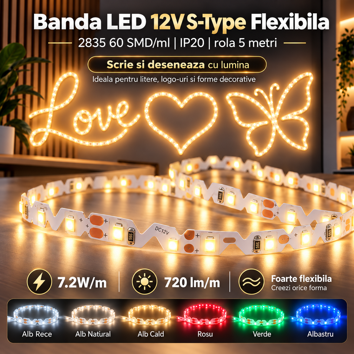 Banda LED 12V S-Type Flexibila - 2835 60 SMD/ml IP20 - rola 5 metri