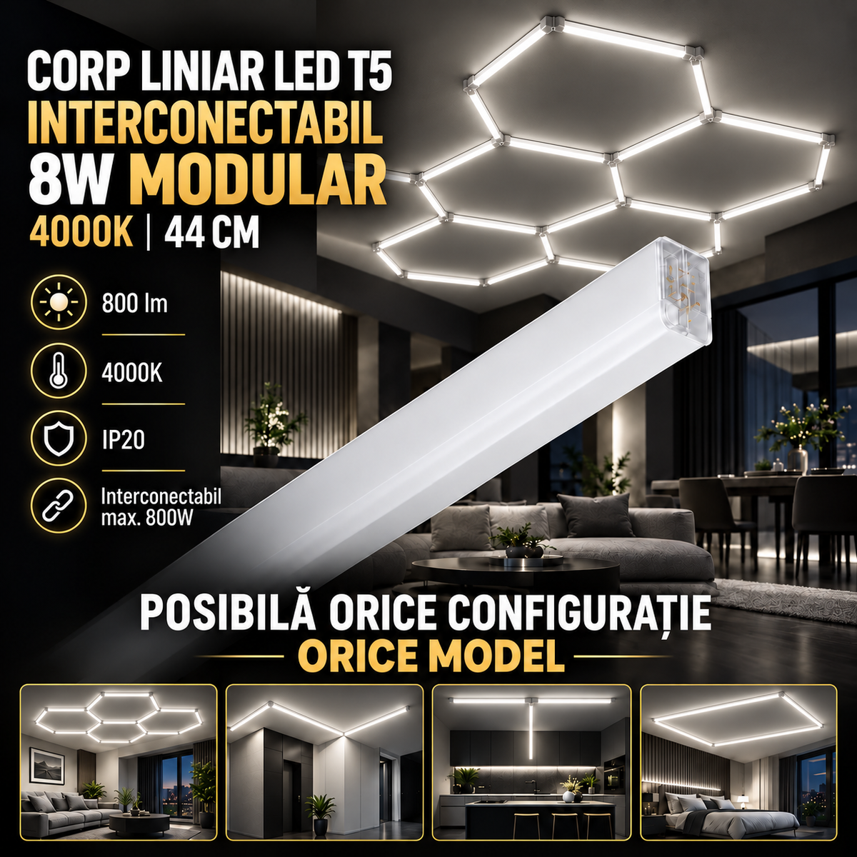 Corp LED Liniar T5 8W Modular Interconectabil 4000K IP20 44CM