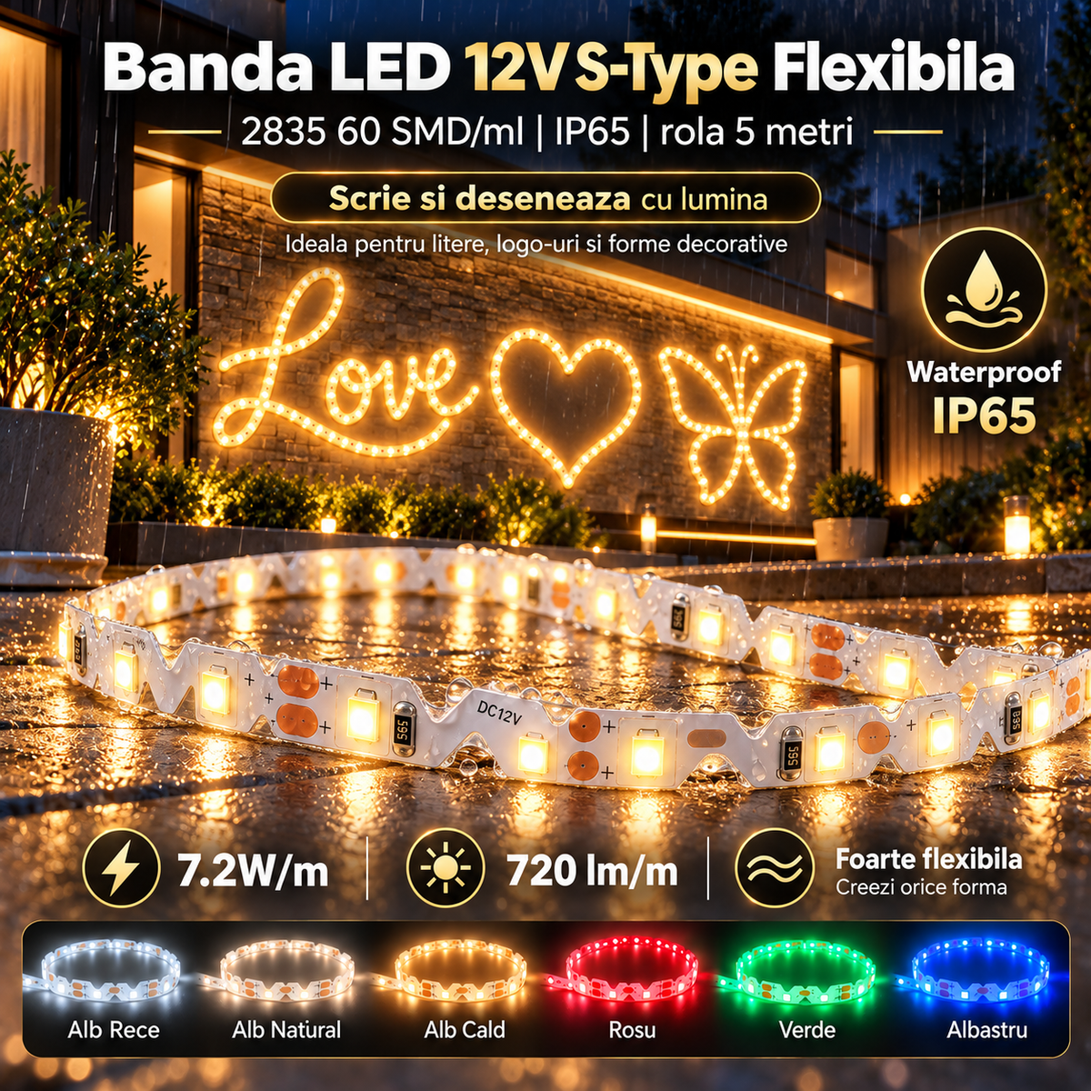 Banda LED 12V S-Type Flexibila - 2835 60 SMD/ml Waterproof - rola 5 metri