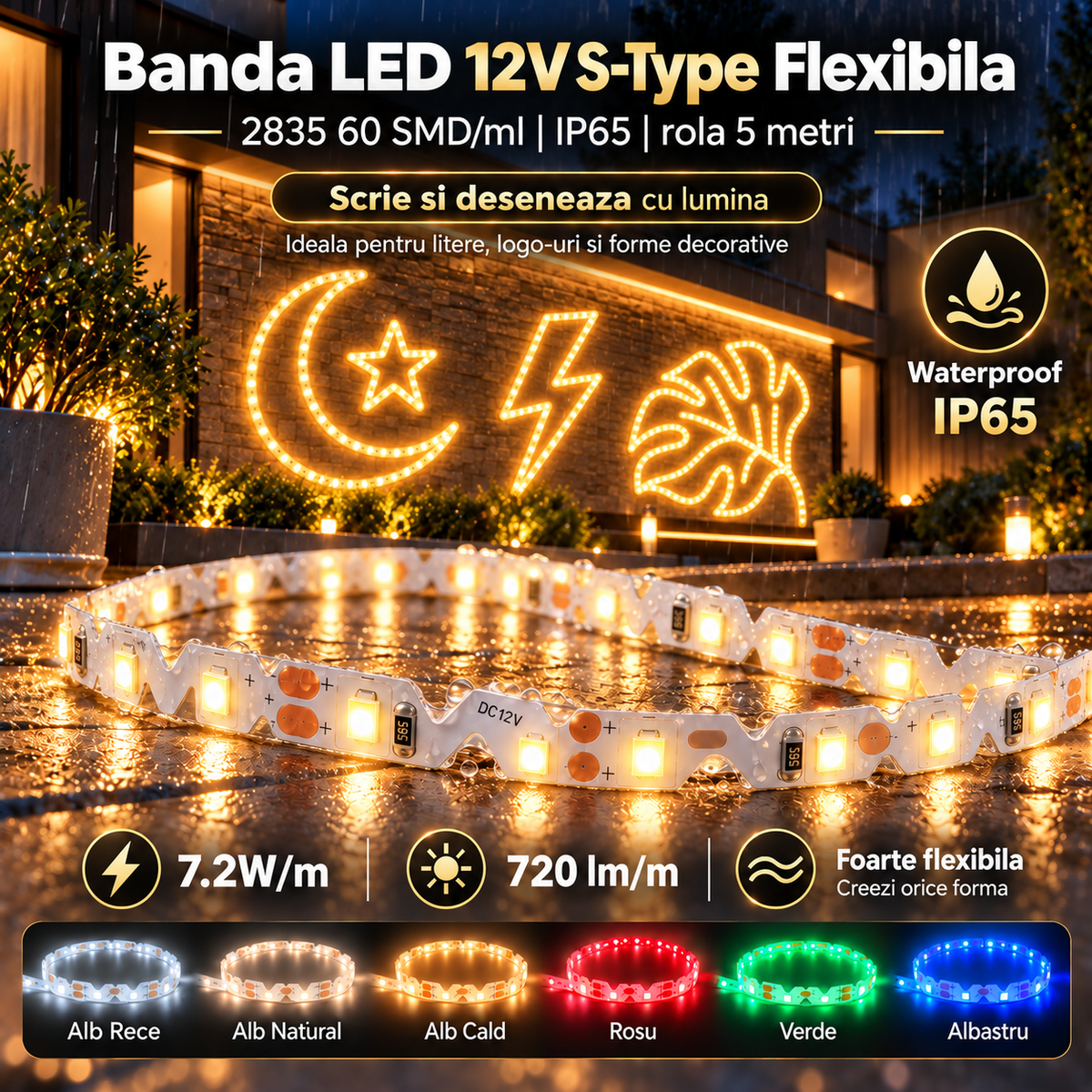 Banda LED 12V S-Type Flexibila - 2835 60 SMD/ml Waterproof - rola 5 metri