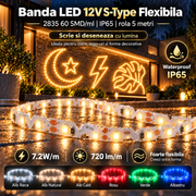 Banda LED 12V S-Type Flexibila - 2835 60 SMD/ml Waterproof - rola 5 metri