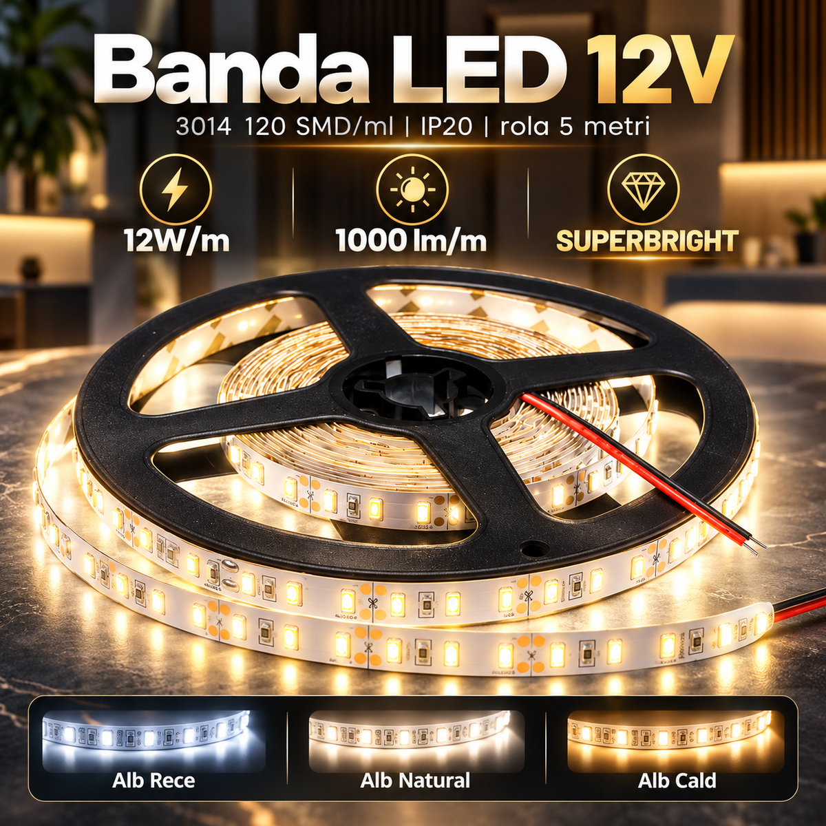 Banda LED 12V - 3014 120 SMD/ml IP20 - rola 5 metri