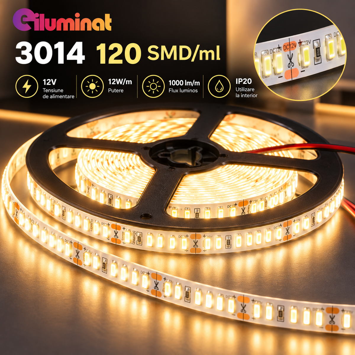 Banda LED 12V - 3014 120 SMD/ml IP20 - rola 5 metri
