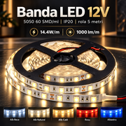 Banda LED 12V - 5050 60 SMD/ml IP20 - rola 5 metri
