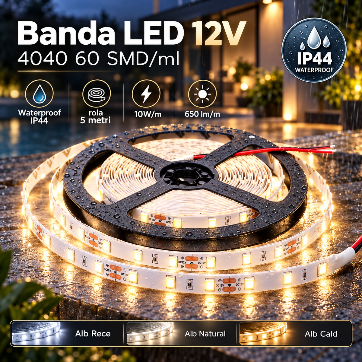 Banda LED 12V - 4040 60 SMD/ml IP44 Waterproof - rola 5 metri