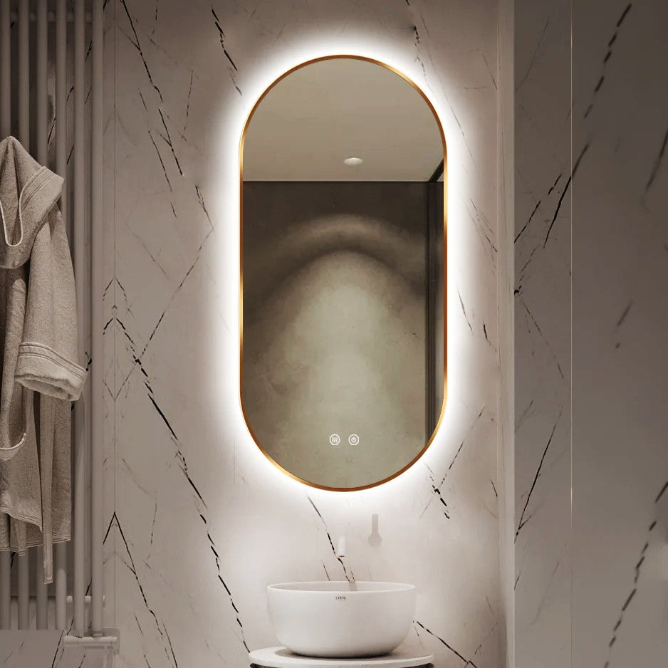 Oglinda LED Ovala 50x100cm Rama Aurie, Dezaburire si 3 Lumini J179