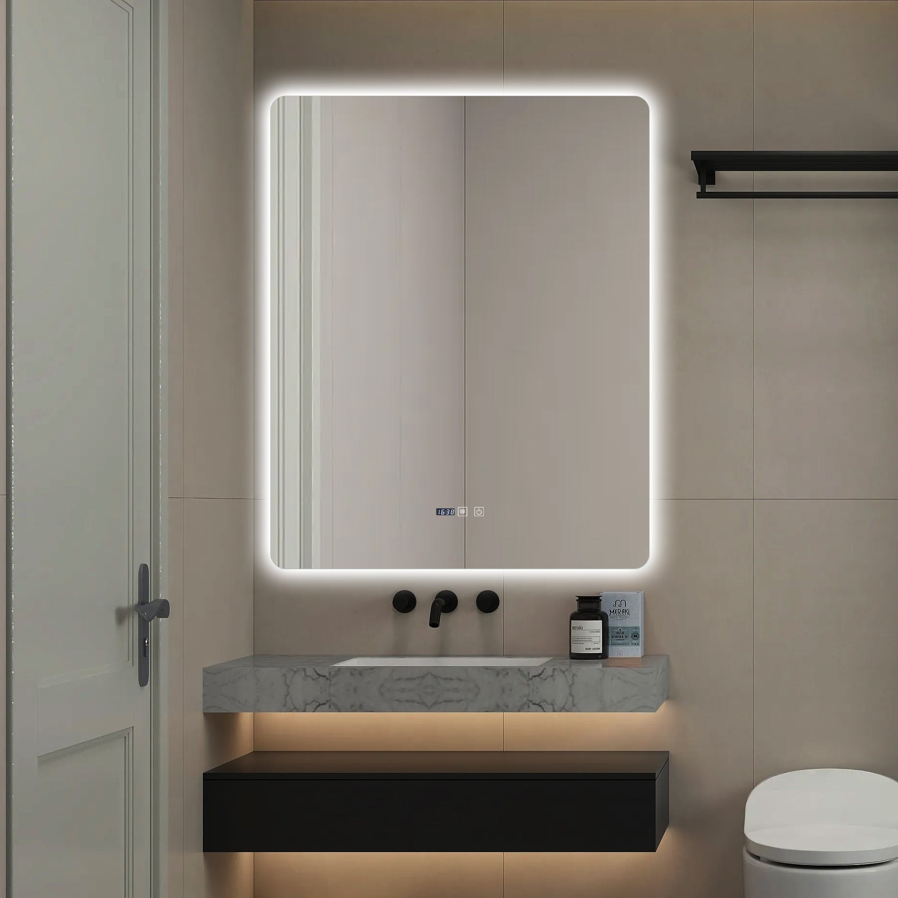 Oglinda LED Dreptunghiulara cu Ceas 100x80cm Functie Dezaburire si Touch